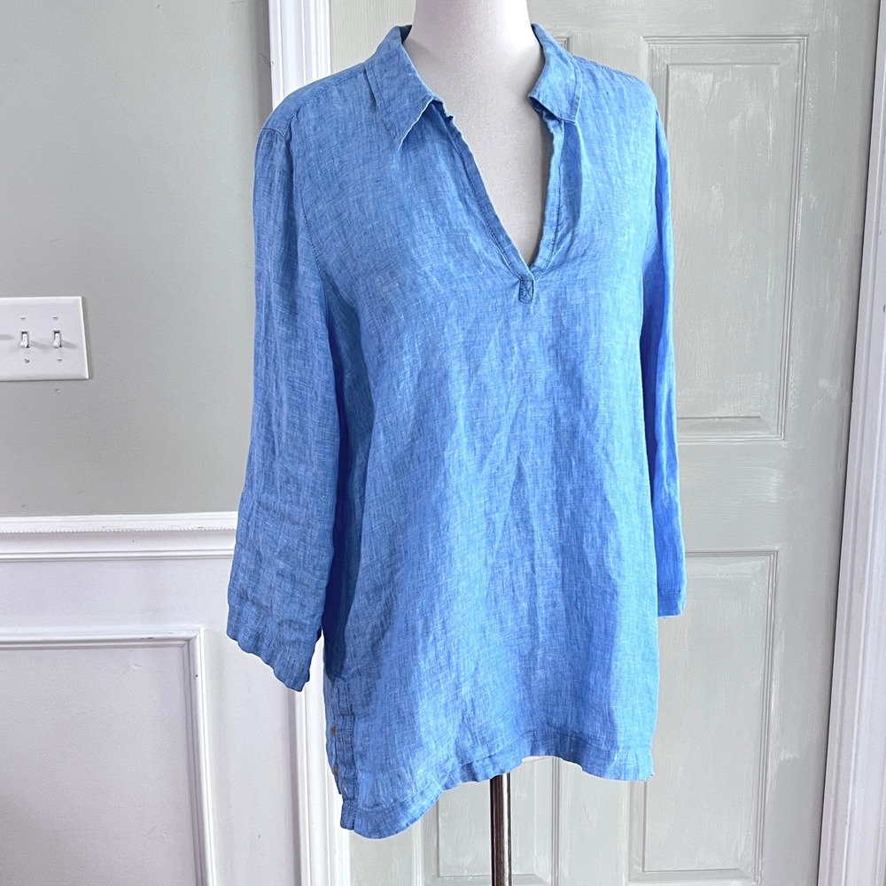 Sigrid Olsen Linen Tunic L Womens V-Neck 3/4 Sleeve Side Button Blue Coastal